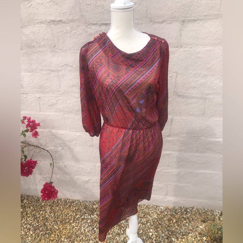 Vintage 70s sheer boho paisley dress with button detail cinched three quarter - Picture 4 of 16